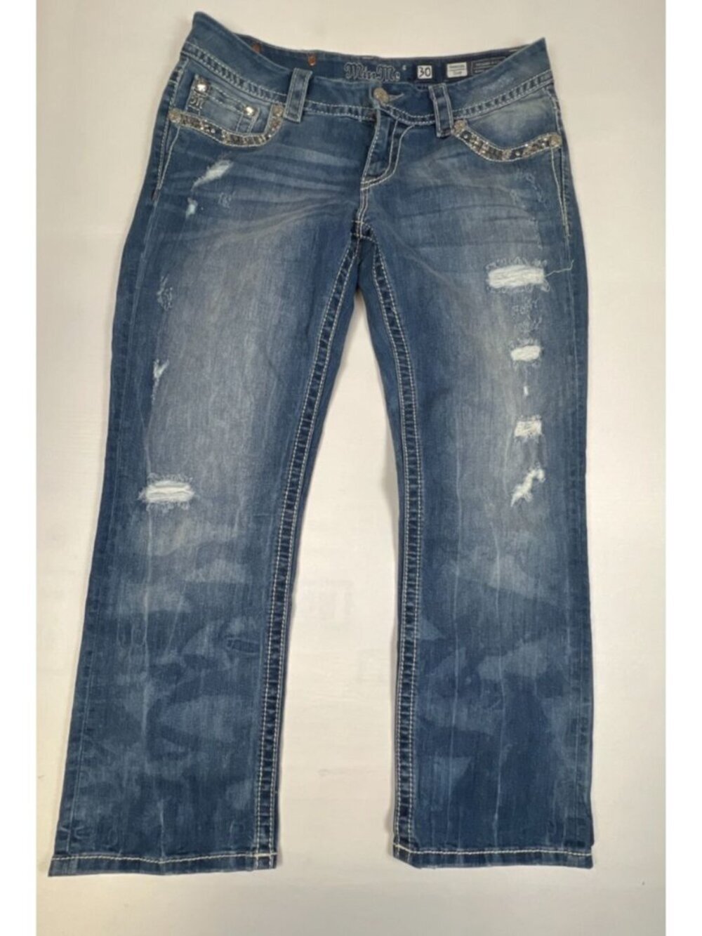 Miss Me Signature Crop Jeans Women 30 Blue Distressed Embellished Rhinestone